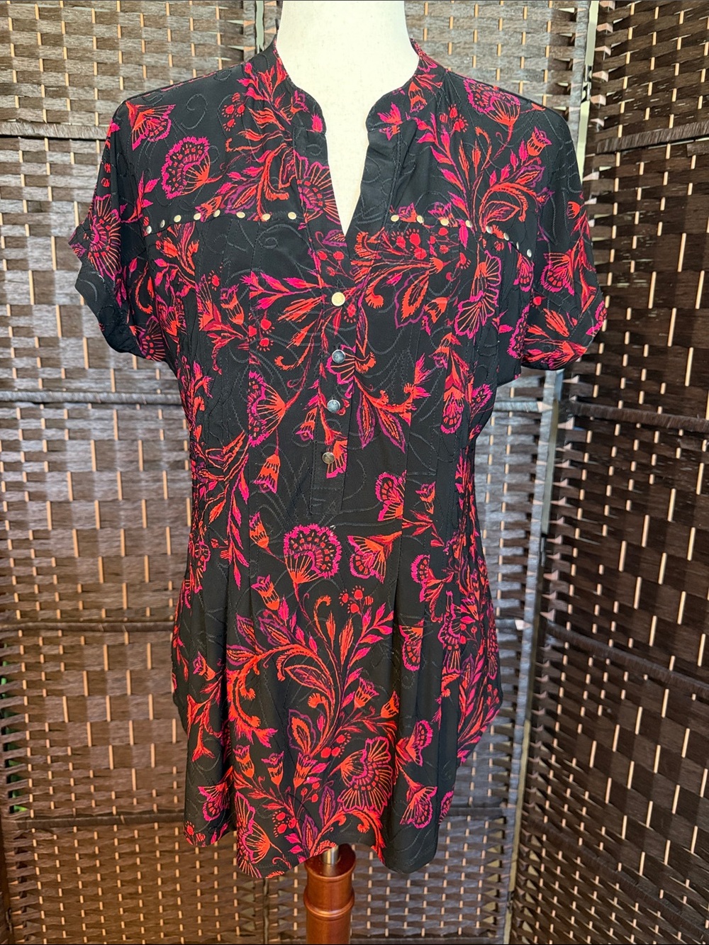 Cocomo Black Blouse with Pink and Red Floral Print